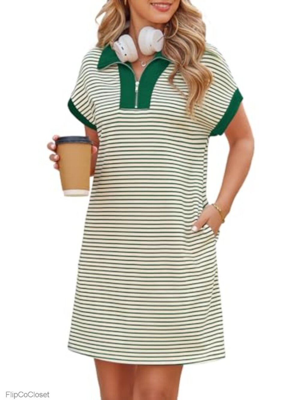 Half Zipper Striped Mini Dress Casual Collared V Neck Short Sleeve Knit Shift